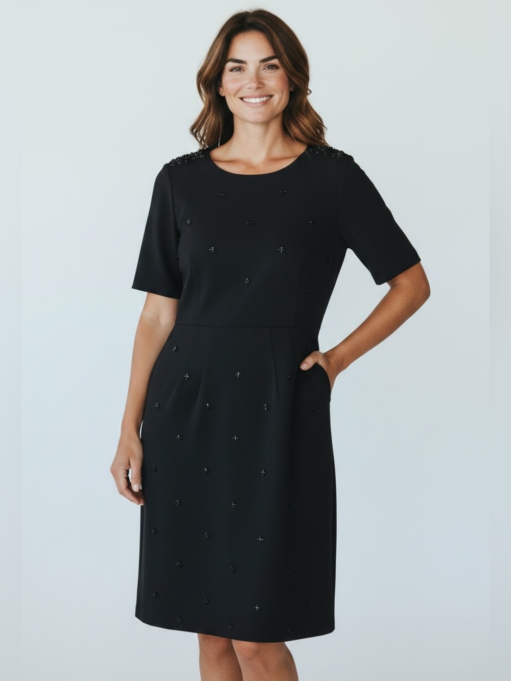 Lands' End Black Beaded Ponte Midi Sheath Dress Size 10